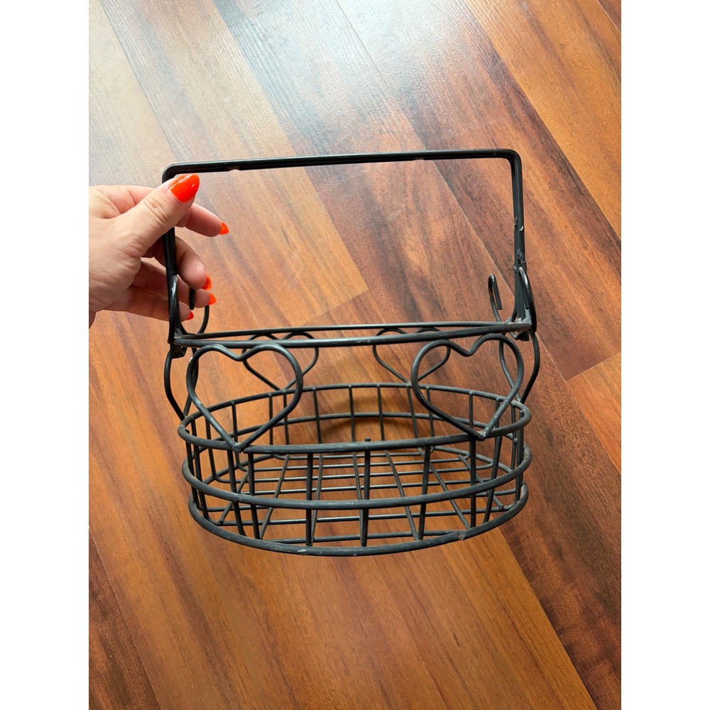 Black Metal Heart Basket Farmhouse Round Storage Gathering Egg Basket Handle - Picture 2 of 2